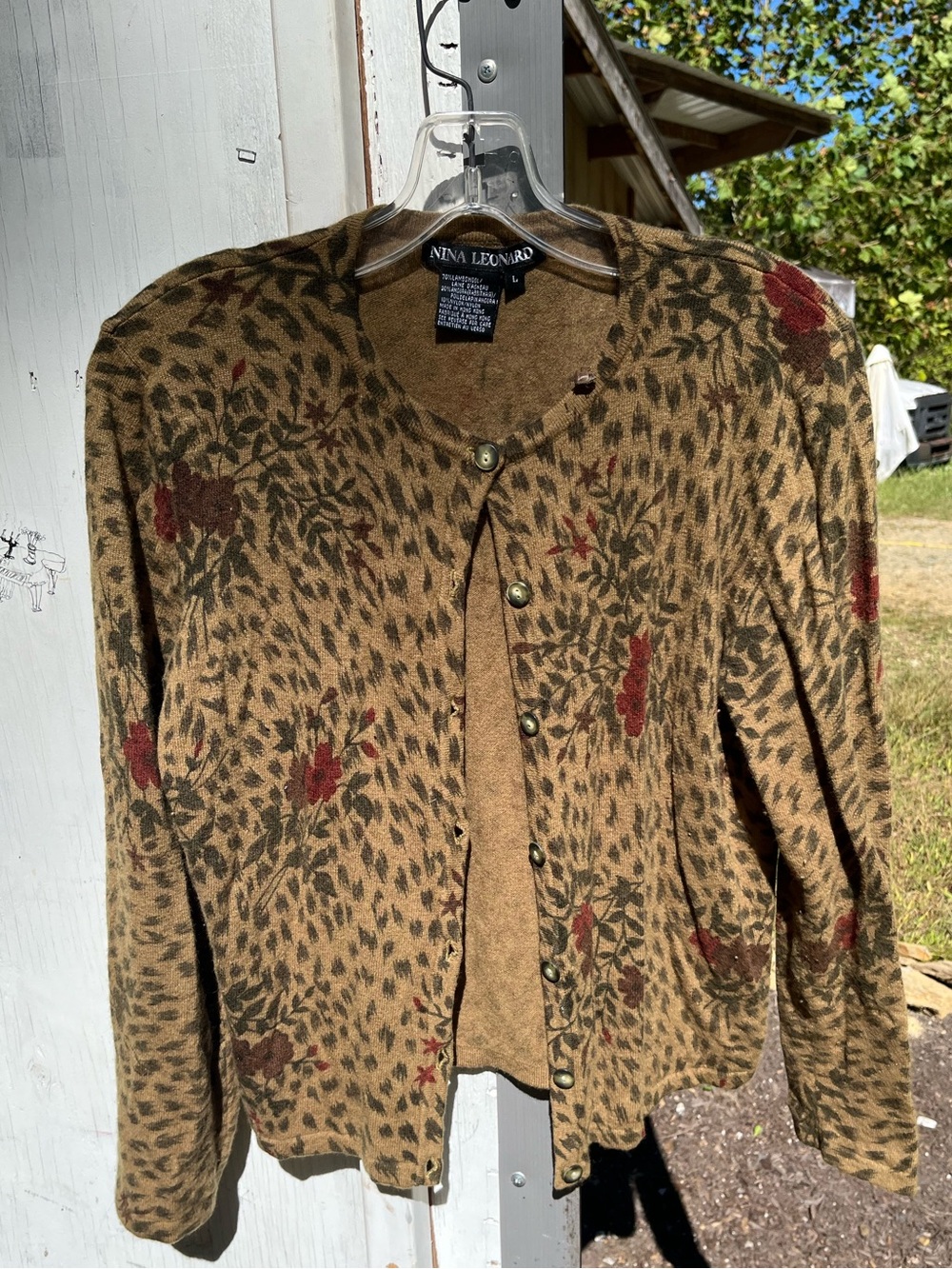 Nina Leonard Olive Green Floral-Print Cardigan